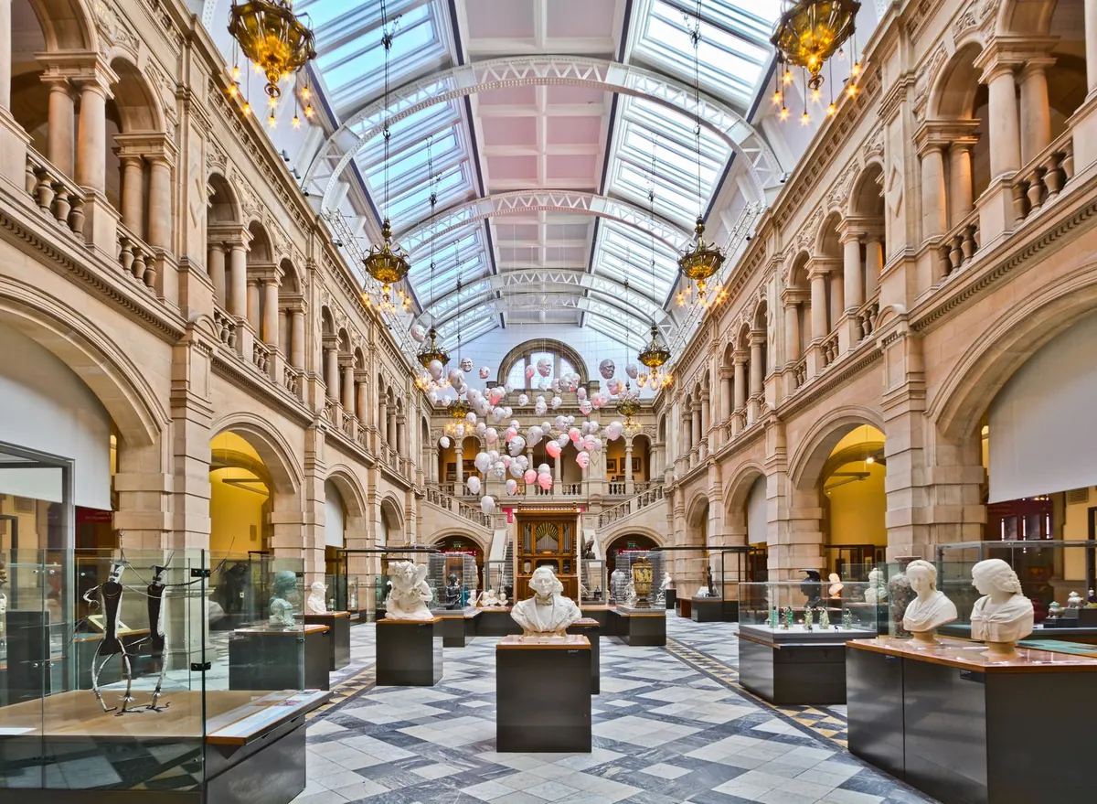 Stock photograph of a grand gallery interior with classical sculptures, in Scotland.